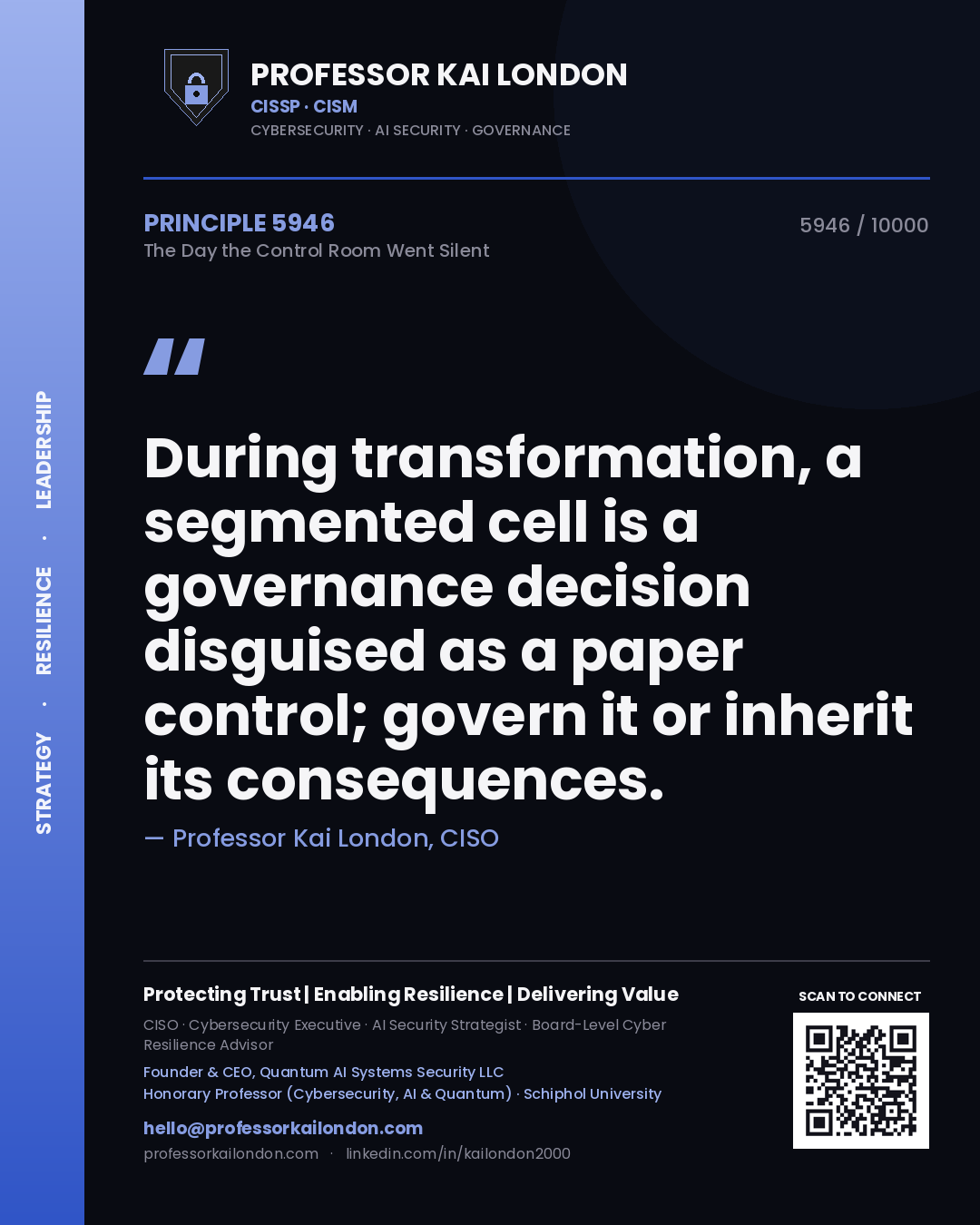 Quote card by Professor Kai London reading 'During transformation, a segmented cell is a governance decision disguised as a paper control; govern it or inherit its consequences.'. From the book The Day the Control Room Went Silent.
