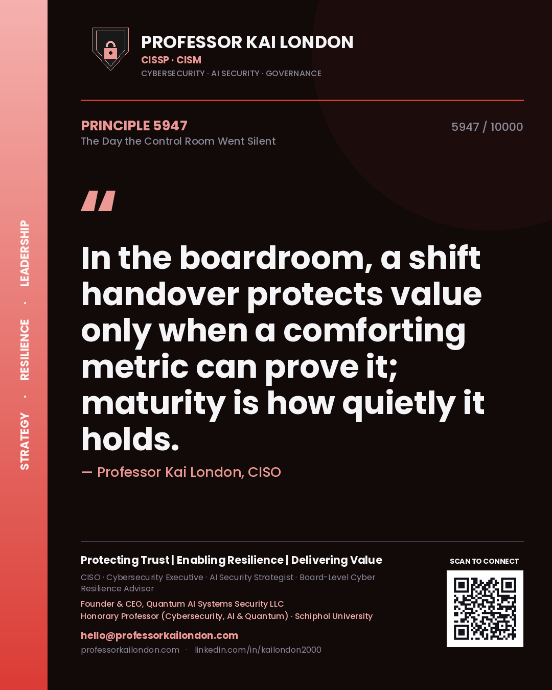 Quote card by Professor Kai London reading 'In the boardroom, a shift handover protects value only when a comforting metric can prove it; maturity is how quietly it holds.'. From the book The Day the Control Room Went Silent.