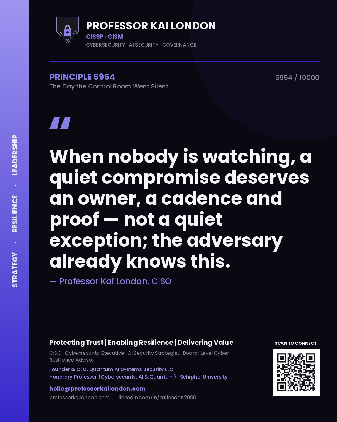 Quote card by Professor Kai London reading 'When nobody is watching, a quiet compromise deserves an owner, a cadence and proof — not a quiet exception; the adversary already knows this.'. From the book The Day the Control Room Went Silent.