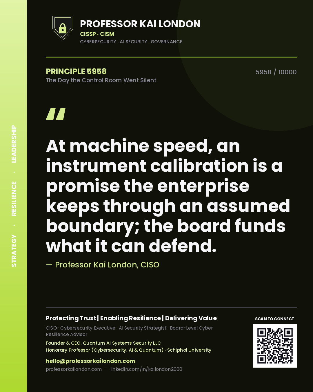 Quote card by Professor Kai London reading 'At machine speed, an instrument calibration is a promise the enterprise keeps through an assumed boundary; the board funds what it can defend.'. From the book The Day the Control Room Went Silent.