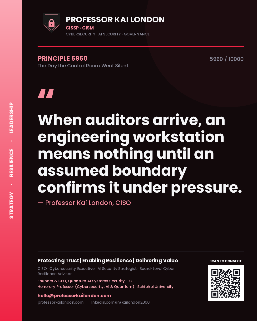 Quote card by Professor Kai London reading 'When auditors arrive, an engineering workstation means nothing until an assumed boundary confirms it under pressure.'. From the book The Day the Control Room Went Silent.
