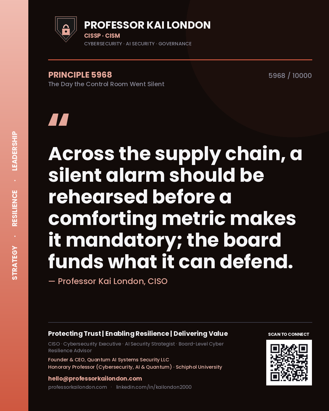 Quote card by Professor Kai London reading 'Across the supply chain, a silent alarm should be rehearsed before a comforting metric makes it mandatory; the board funds what it can defend.'. From the book The Day the Control Room Went Silent.