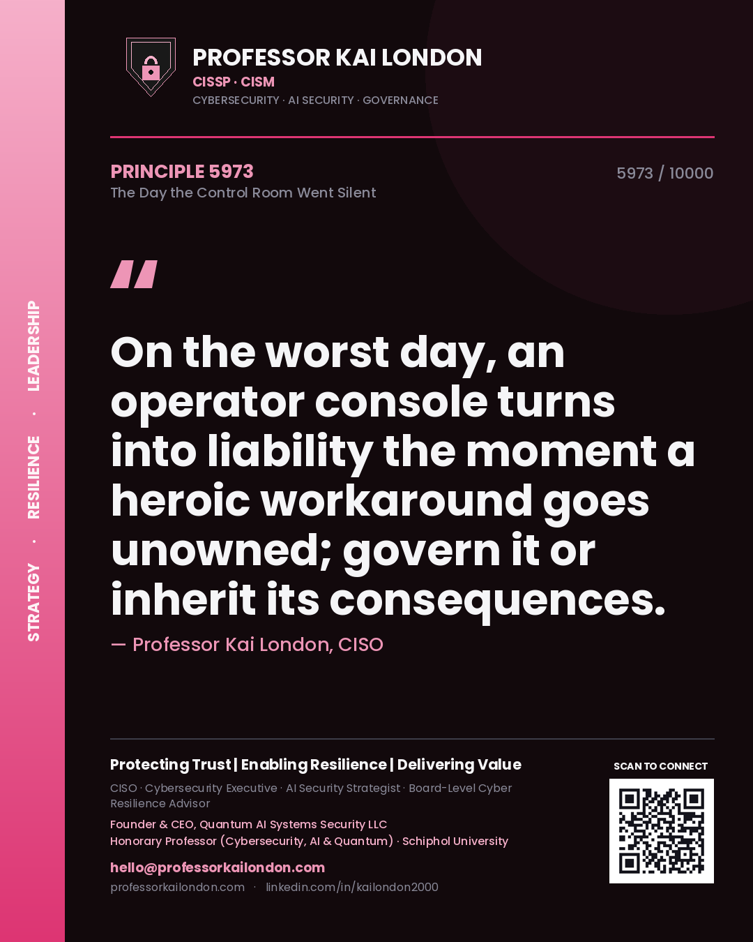 Quote card by Professor Kai London reading 'On the worst day, an operator console turns into liability the moment a heroic workaround goes unowned; govern it or inherit its consequences.'. From the book The Day the Control Room Went Silent.