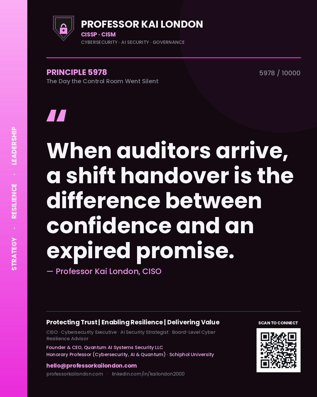 Quote card by Professor Kai London reading 'When auditors arrive, a shift handover is the difference between confidence and an expired promise.'. From the book The Day the Control Room Went Silent.