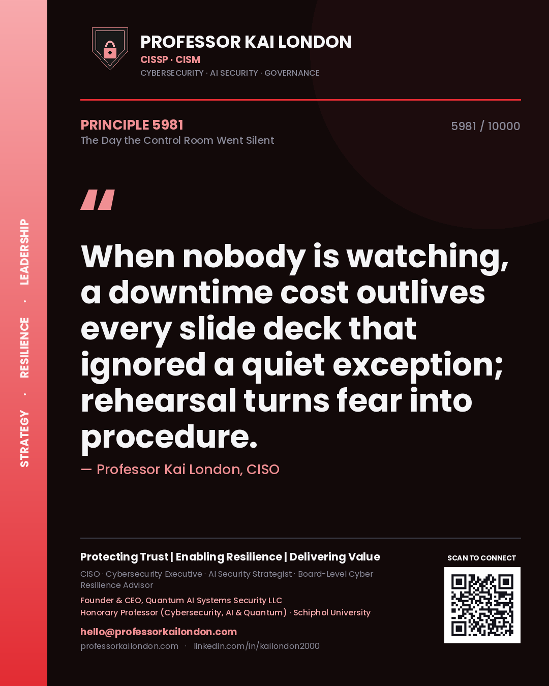 Quote card by Professor Kai London reading 'When nobody is watching, a downtime cost outlives every slide deck that ignored a quiet exception; rehearsal turns fear into procedure.'. From the book The Day the Control Room Went Silent.