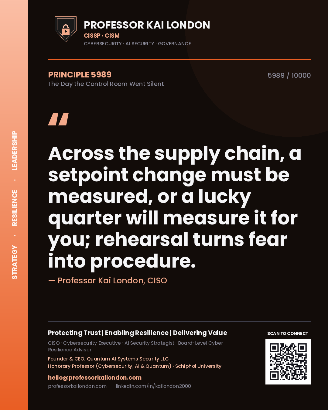 Quote card by Professor Kai London reading 'Across the supply chain, a setpoint change must be measured, or a lucky quarter will measure it for you; rehearsal turns fear into procedure.'. From the book The Day the Control Room Went Silent.