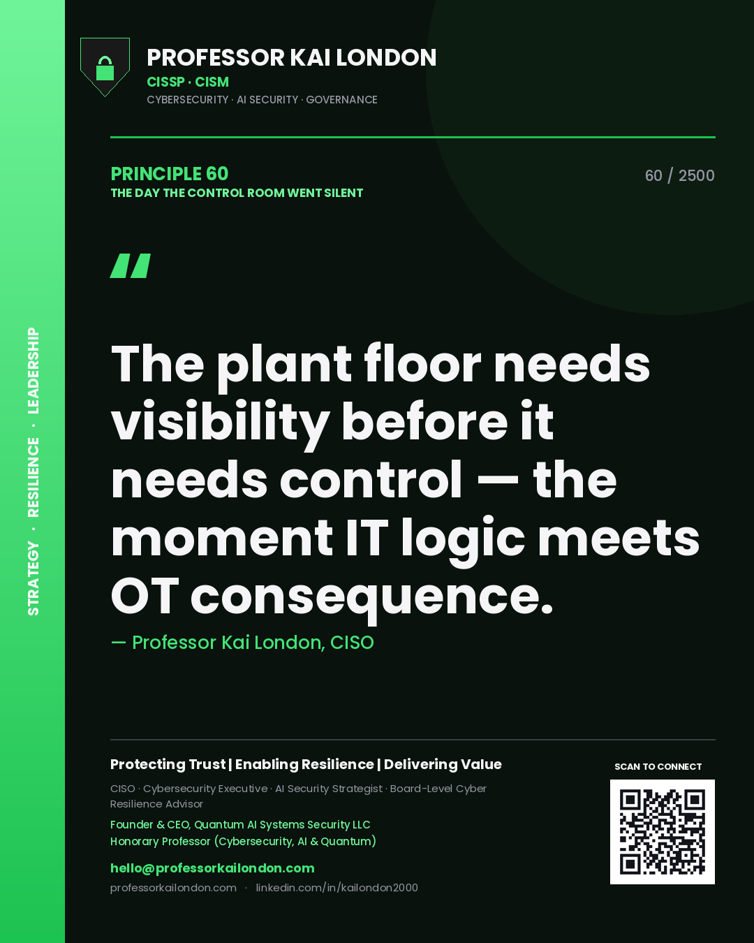 Professor Kai London principle 60: The plant floor needs visibility before it needs control — the moment IT logic meets OT consequence.
