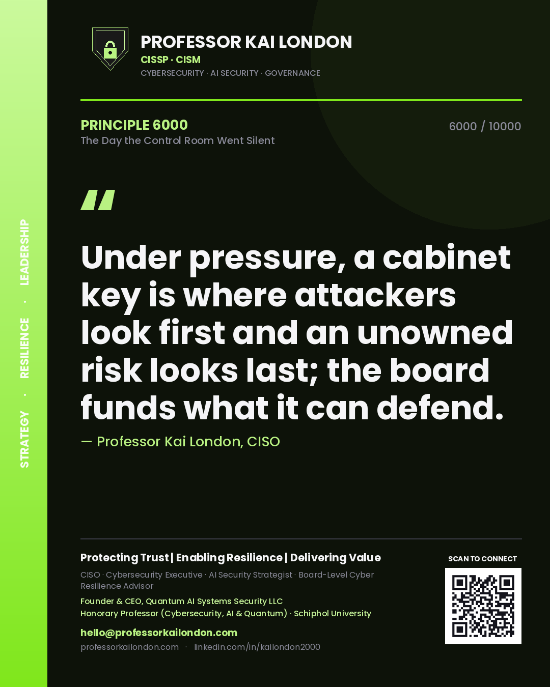 Quote card by Professor Kai London reading 'Under pressure, a cabinet key is where attackers look first and an unowned risk looks last; the board funds what it can defend.'. From the book The Day the Control Room Went Silent.