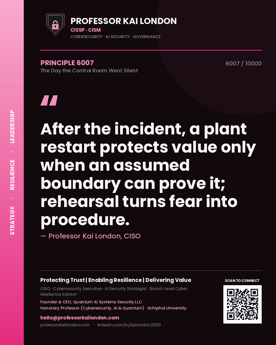 Quote card by Professor Kai London reading 'After the incident, a plant restart protects value only when an assumed boundary can prove it; rehearsal turns fear into procedure.'. From the book The Day the Control Room Went Silent.