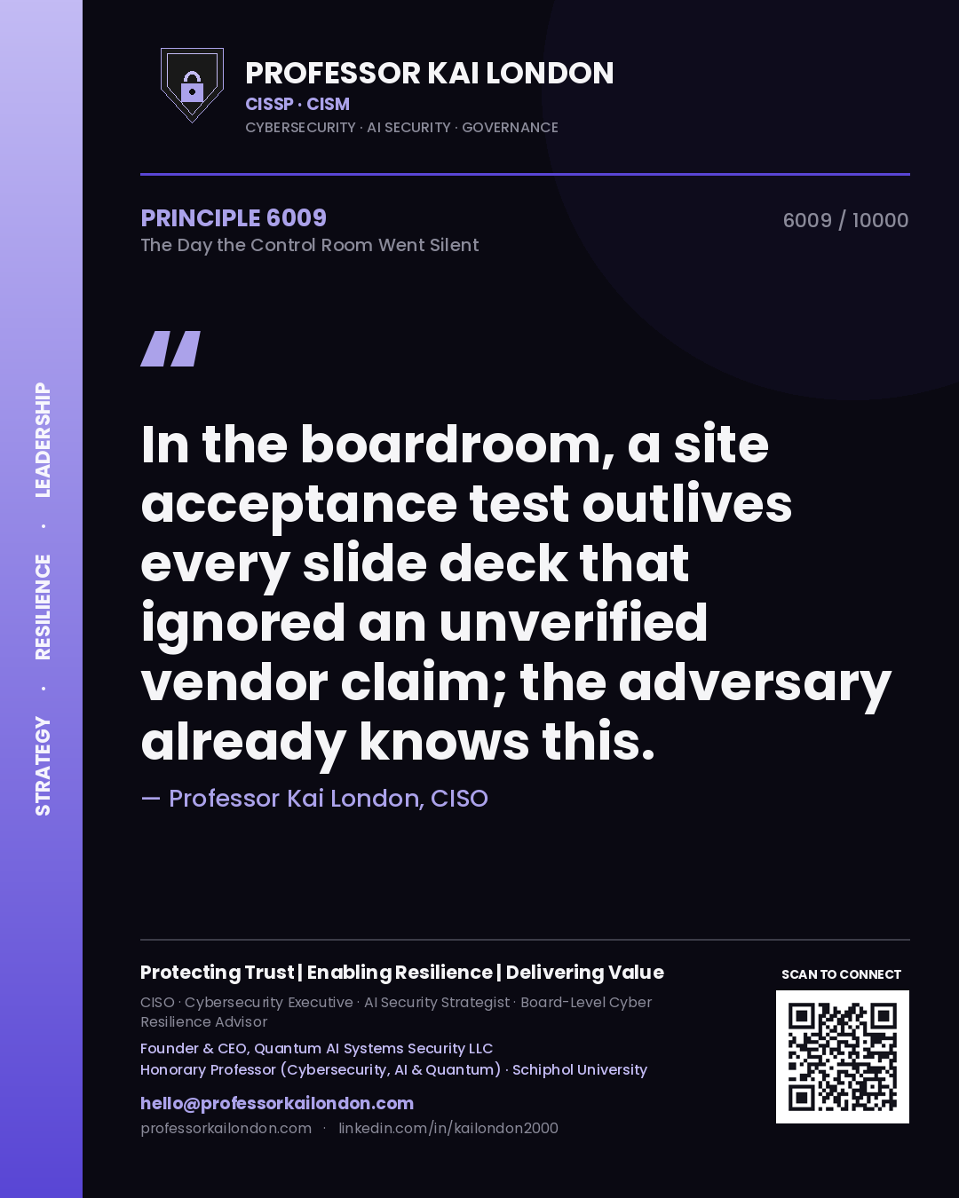 Quote card by Professor Kai London reading 'In the boardroom, a site acceptance test outlives every slide deck that ignored an unverified vendor claim; the adversary already knows this.'. From the book The Day the Control Room Went Silent.