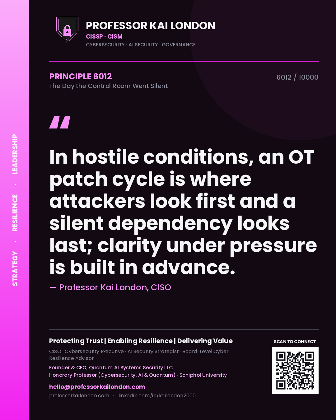Professor Kai London principle 6012: In hostile conditions, an OT patch cycle is where attackers look first and a silent dependency looks last; clarity under pressure is built in advance.