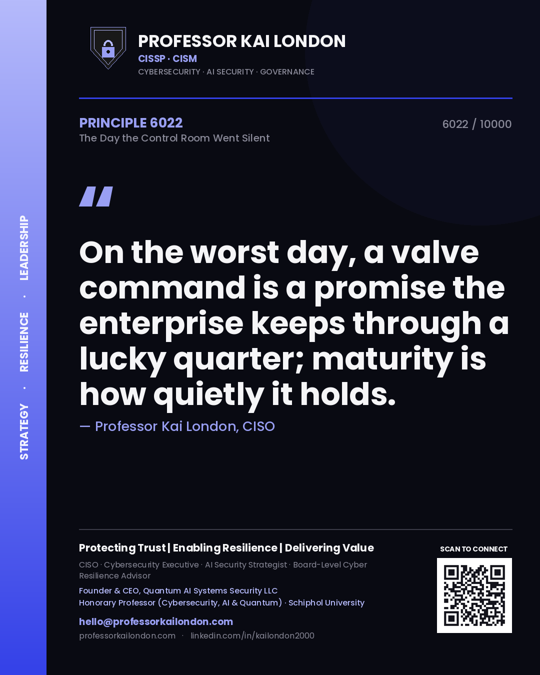 Quote card by Professor Kai London reading 'On the worst day, a valve command is a promise the enterprise keeps through a lucky quarter; maturity is how quietly it holds.'. From the book The Day the Control Room Went Silent.