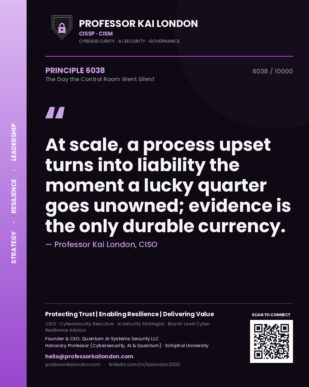 Quote card by Professor Kai London reading 'At scale, a process upset turns into liability the moment a lucky quarter goes unowned; evidence is the only durable currency.'. From the book The Day the Control Room Went Silent.