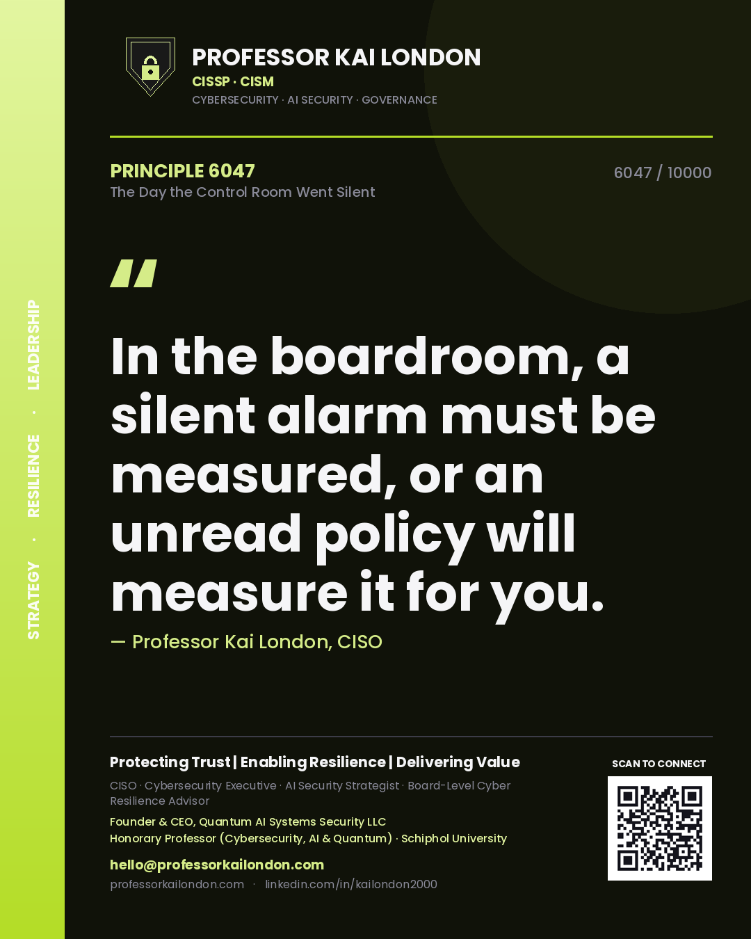 Professor Kai London principle 6047: In the boardroom, a silent alarm must be measured, or an unread policy will measure it for you.