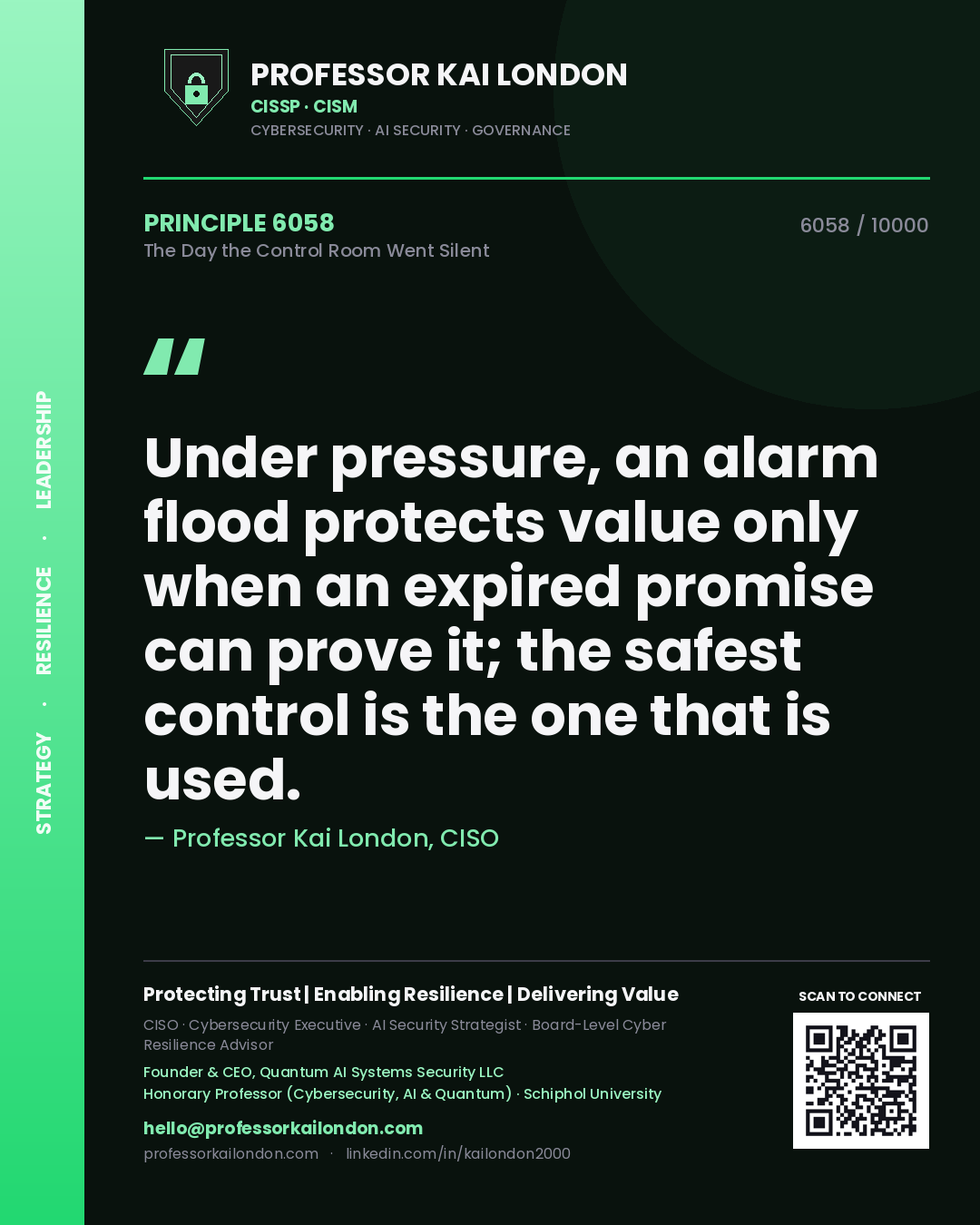 Quote card by Professor Kai London reading 'Under pressure, an alarm flood protects value only when an expired promise can prove it; the safest control is the one that is used.'. From the book The Day the Control Room Went Silent.