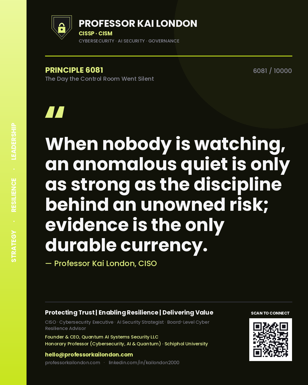 Quote card by Professor Kai London reading 'When nobody is watching, an anomalous quiet is only as strong as the discipline behind an unowned risk; evidence is the only durable currency.'. From the book The Day the Control Room Went Silent.