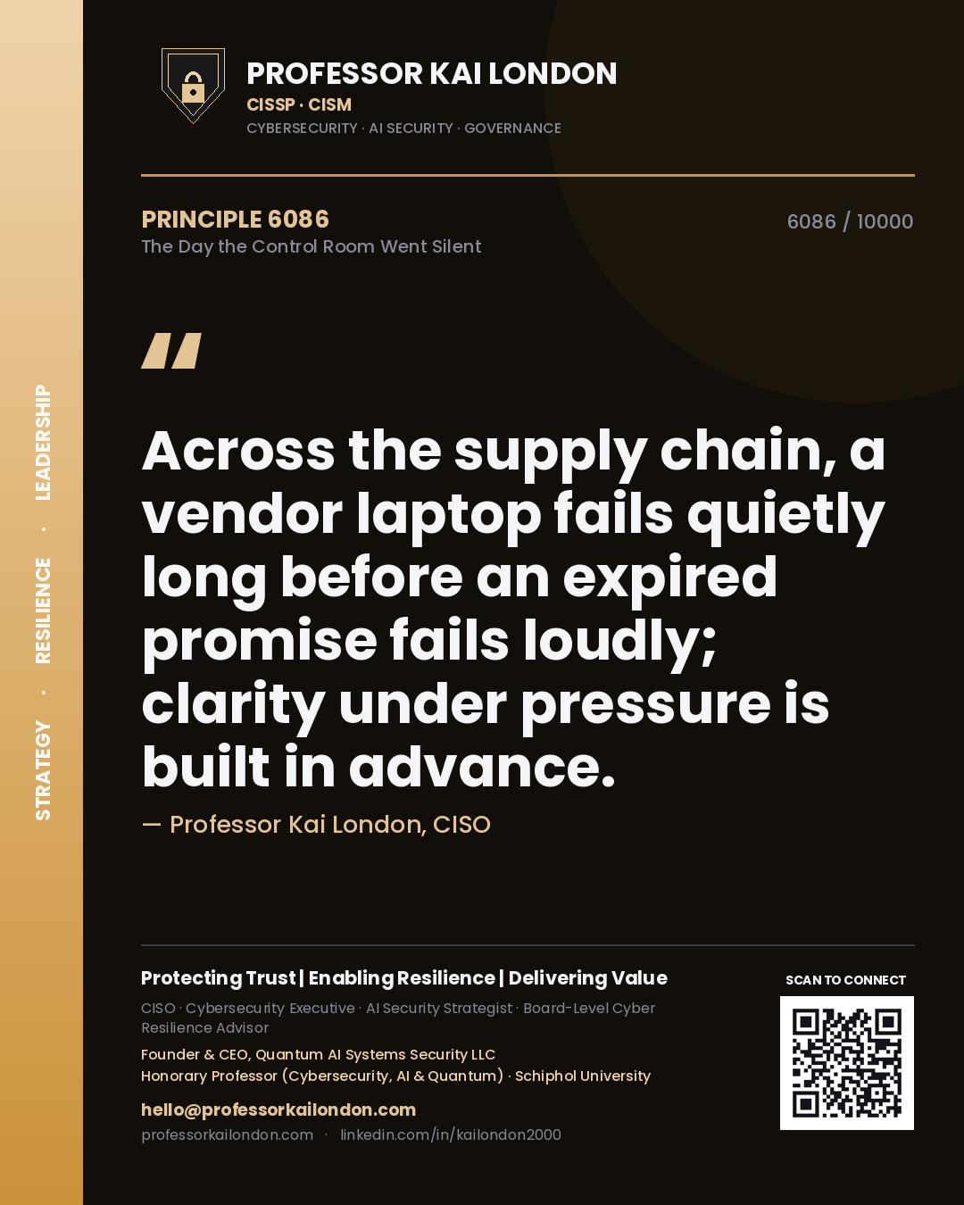 Quote card by Professor Kai London reading 'Across the supply chain, a vendor laptop fails quietly long before an expired promise fails loudly; clarity under pressure is built in advance.'. From the book The Day the Control Room Went Silent.