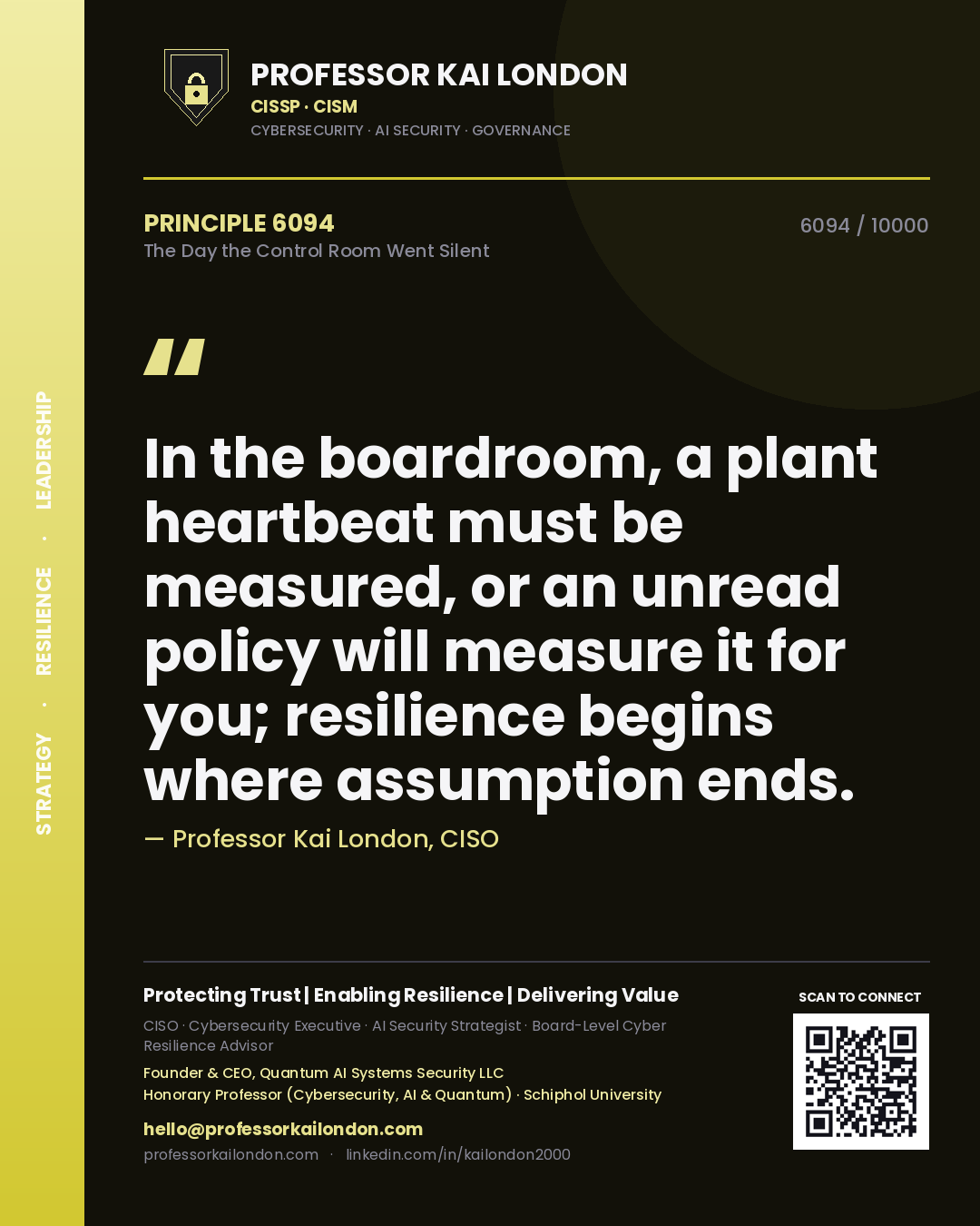 Quote card by Professor Kai London reading 'In the boardroom, a plant heartbeat must be measured, or an unread policy will measure it for you; resilience begins where assumption ends.'. From the book The Day the Control Room Went Silent.