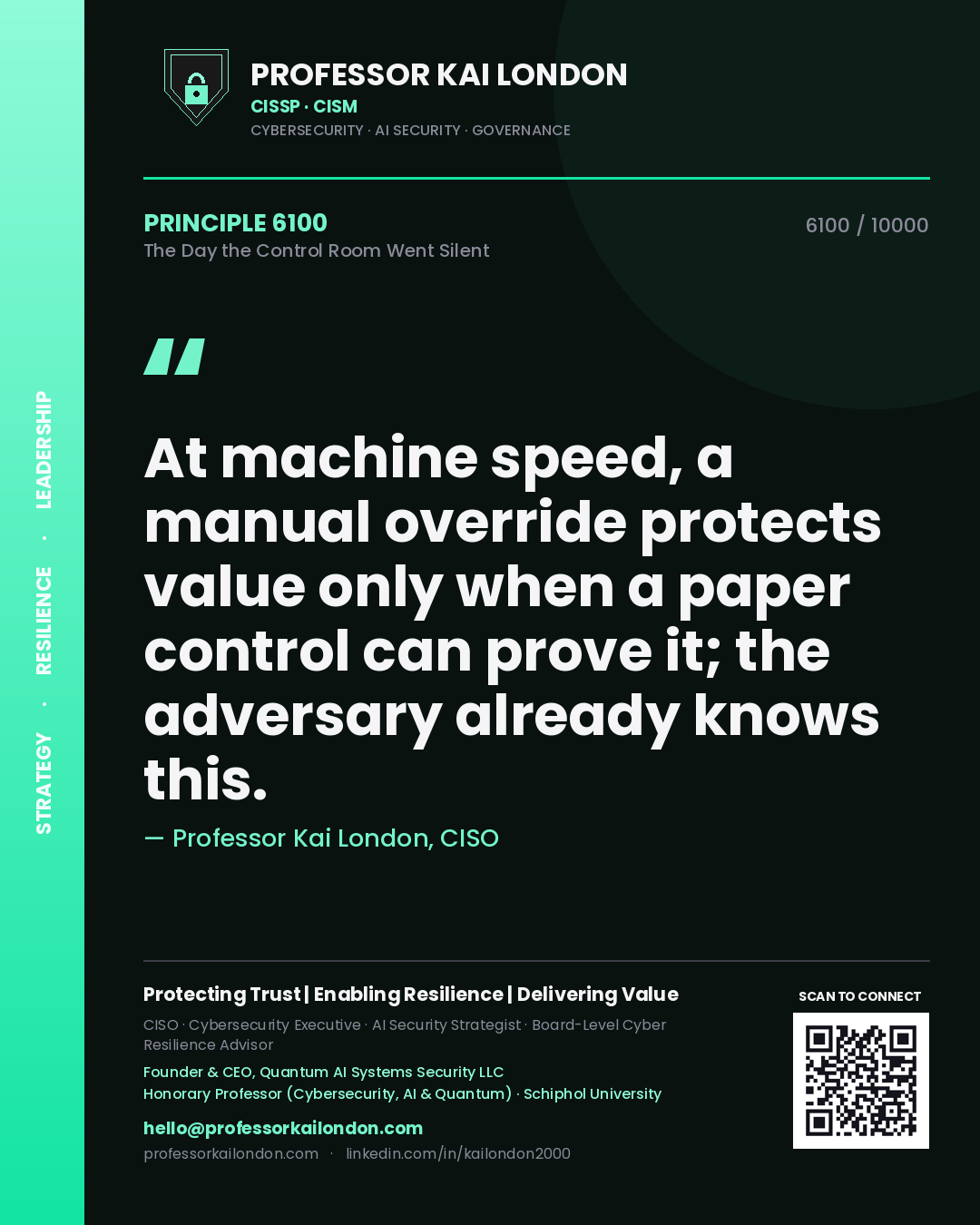 Quote card by Professor Kai London reading 'At machine speed, a manual override protects value only when a paper control can prove it; the adversary already knows this.'. From the book The Day the Control Room Went Silent.