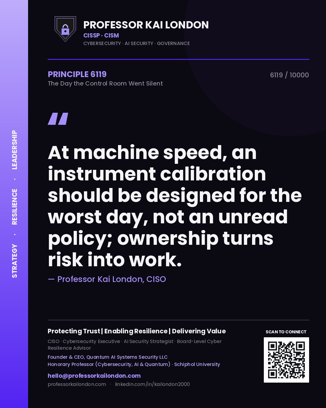 Quote card by Professor Kai London reading 'At machine speed, an instrument calibration should be designed for the worst day, not an unread policy; ownership turns risk into work.'. From the book The Day the Control Room Went Silent.