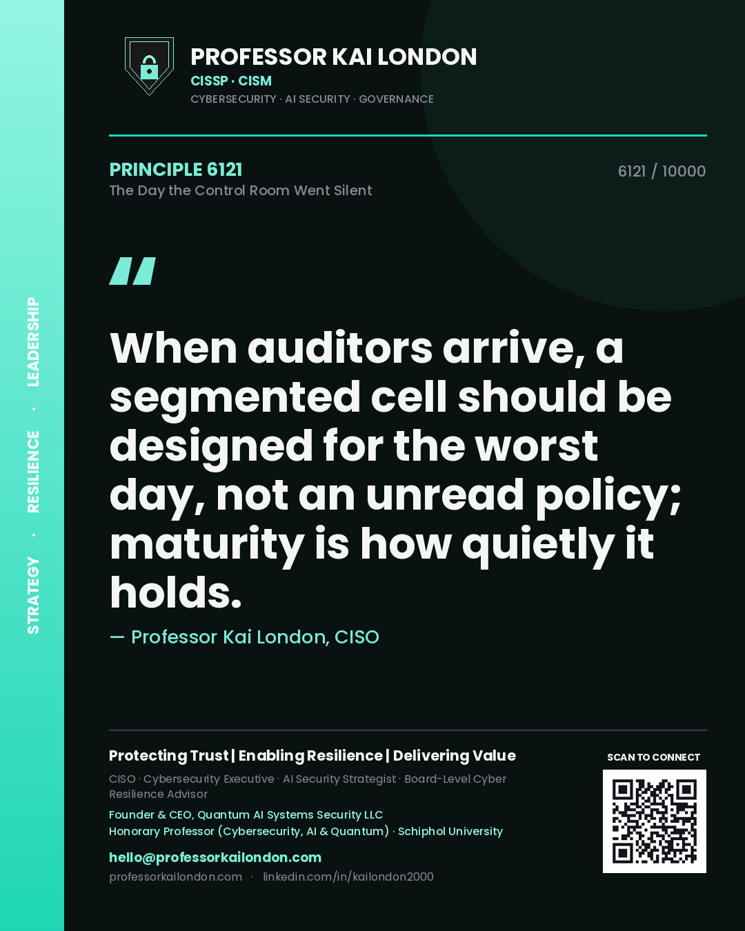 Quote card by Professor Kai London reading 'When auditors arrive, a segmented cell should be designed for the worst day, not an unread policy; maturity is how quietly it holds.'. From the book The Day the Control Room Went Silent.