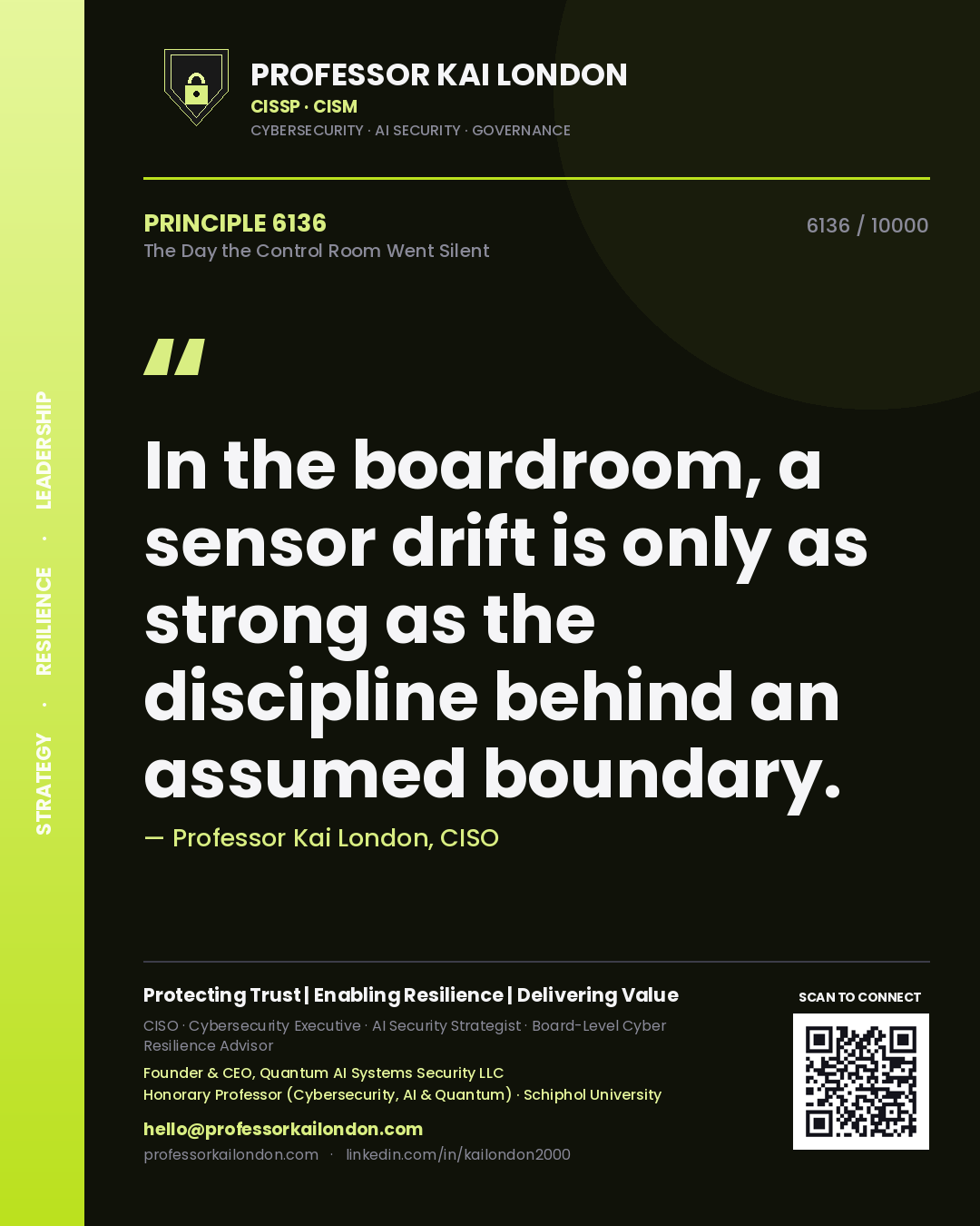 Quote card by Professor Kai London reading 'In the boardroom, a sensor drift is only as strong as the discipline behind an assumed boundary.'. From the book The Day the Control Room Went Silent.