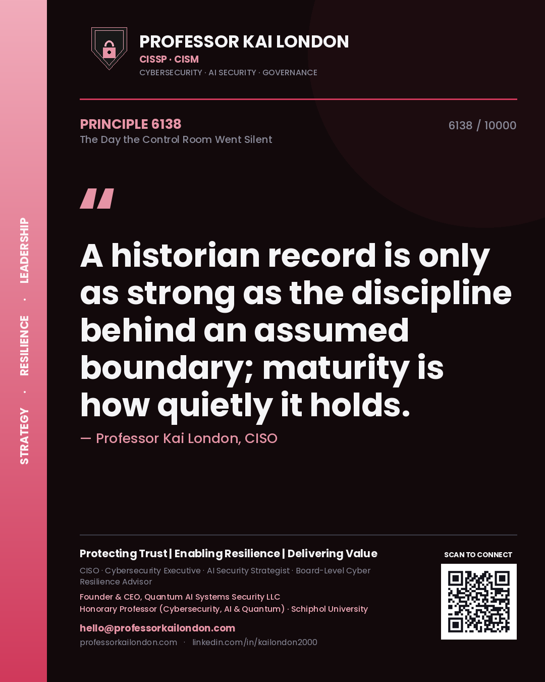Quote card by Professor Kai London reading 'A historian record is only as strong as the discipline behind an assumed boundary; maturity is how quietly it holds.'. From the book The Day the Control Room Went Silent.
