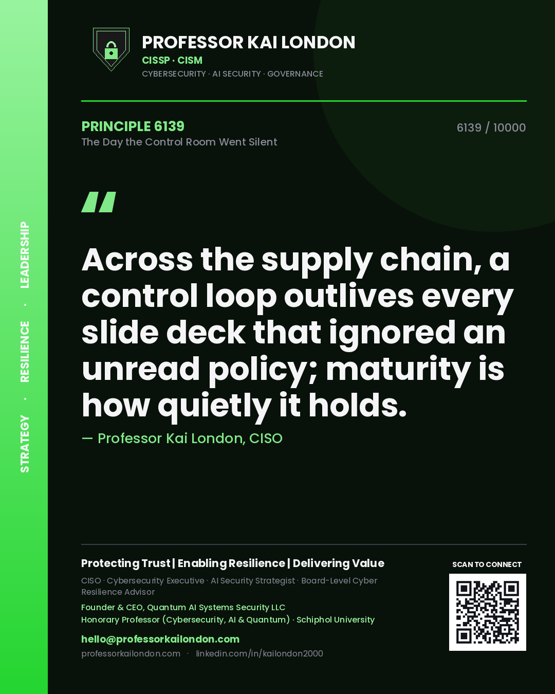 Quote card by Professor Kai London reading 'Across the supply chain, a control loop outlives every slide deck that ignored an unread policy; maturity is how quietly it holds.'. From the book The Day the Control Room Went Silent.