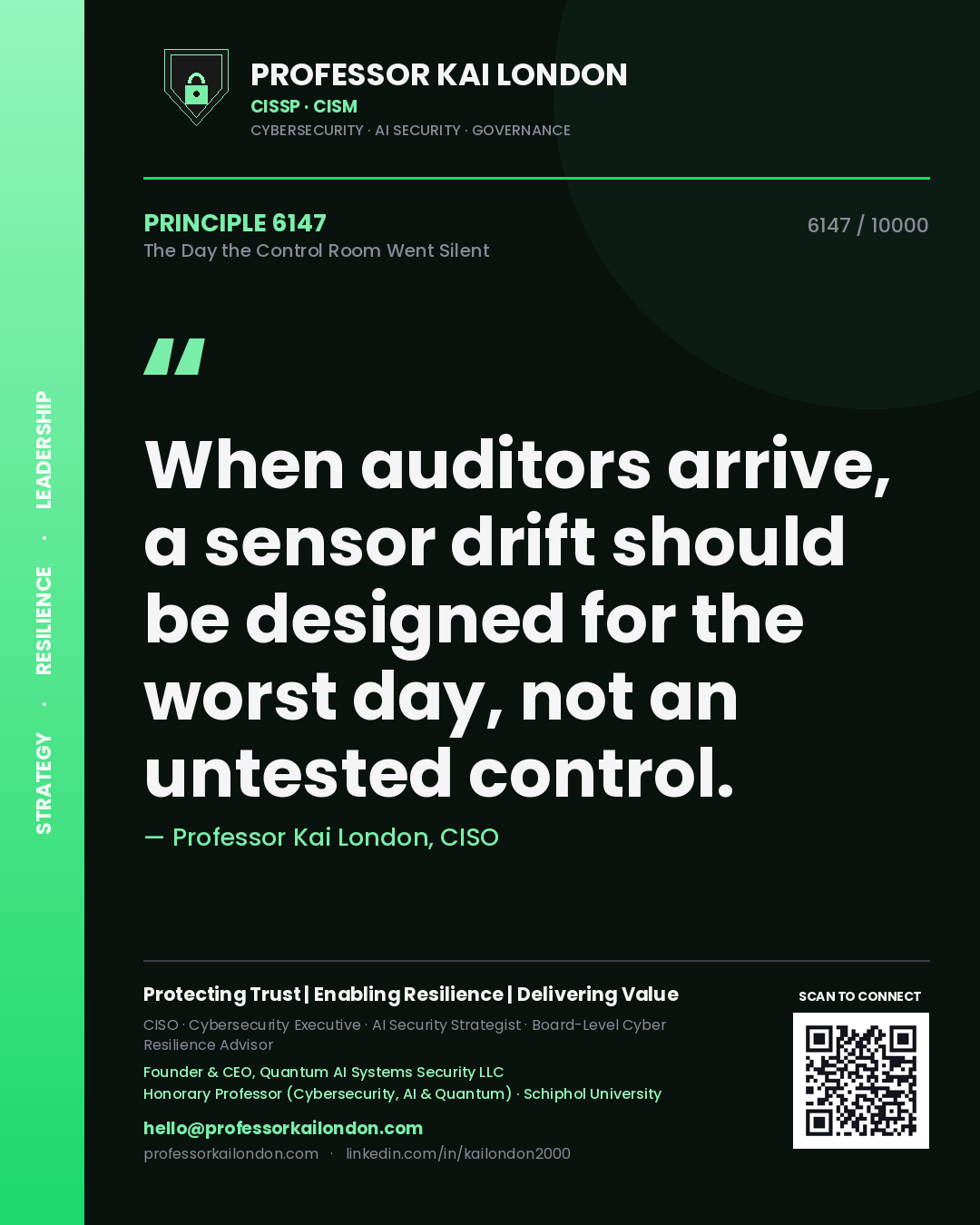 Quote card by Professor Kai London reading 'When auditors arrive, a sensor drift should be designed for the worst day, not an untested control.'. From the book The Day the Control Room Went Silent.