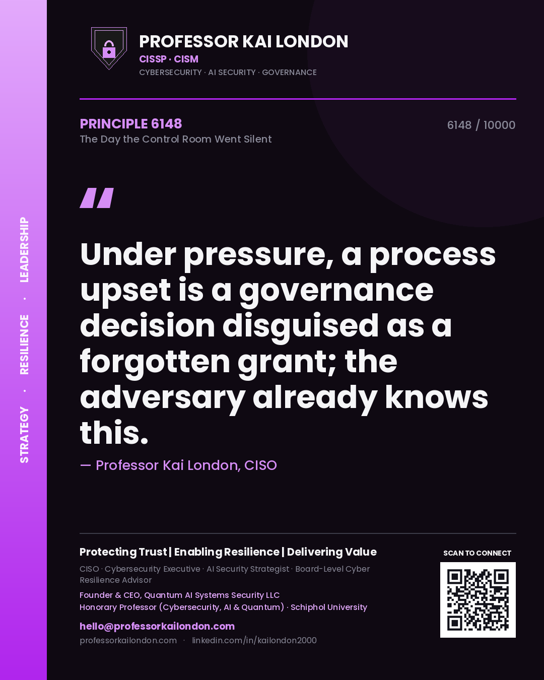Quote card by Professor Kai London reading 'Under pressure, a process upset is a governance decision disguised as a forgotten grant; the adversary already knows this.'. From the book The Day the Control Room Went Silent.