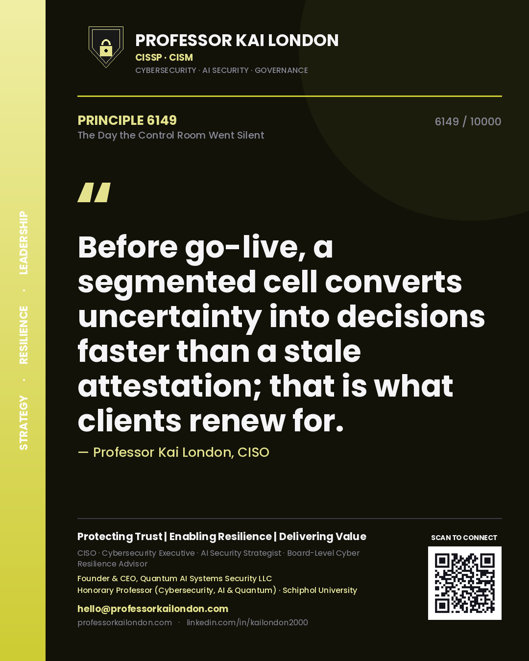 Quote card by Professor Kai London reading 'Before go-live, a segmented cell converts uncertainty into decisions faster than a stale attestation; that is what clients renew for.'. From the book The Day the Control Room Went Silent.