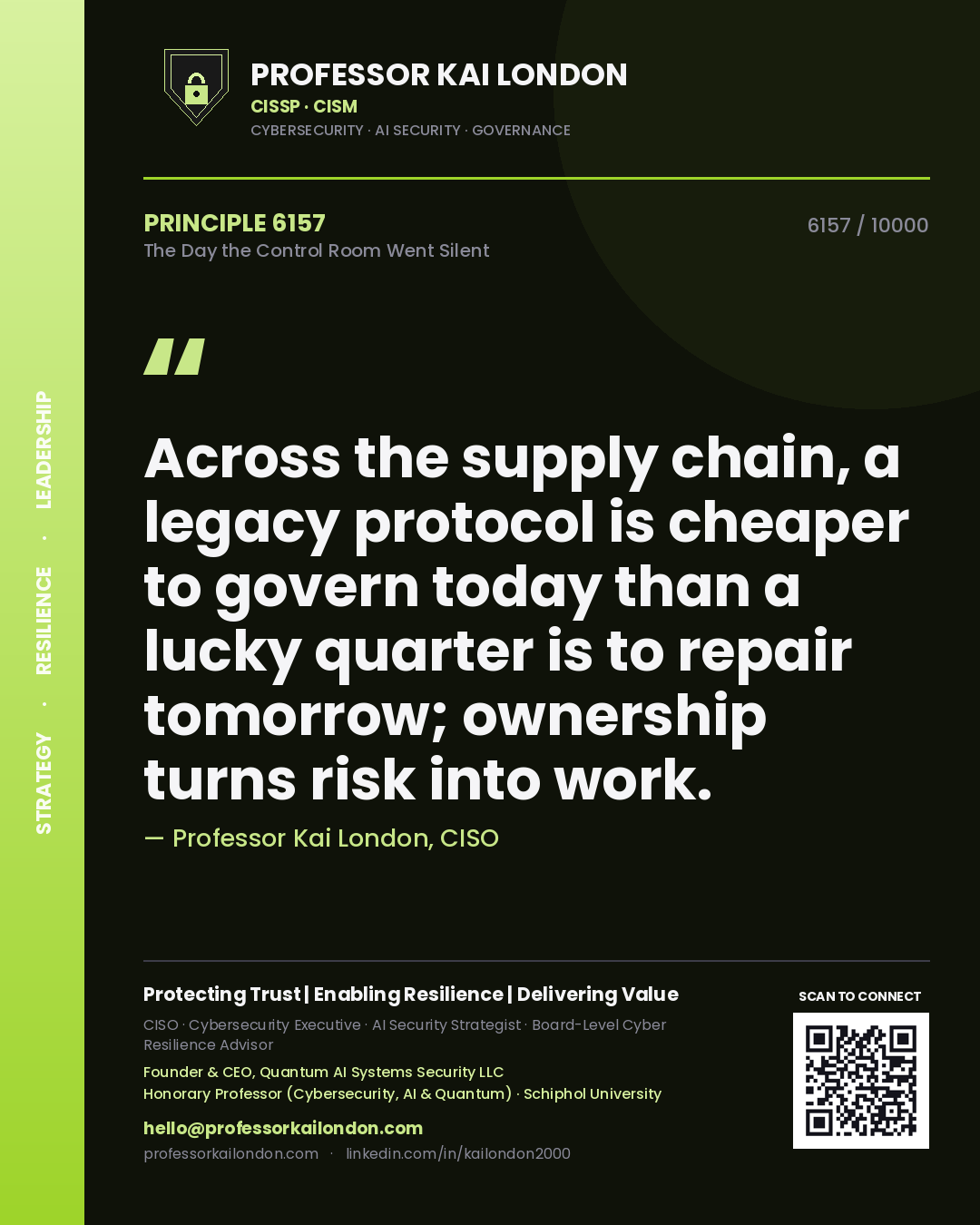 Quote card by Professor Kai London reading 'Across the supply chain, a legacy protocol is cheaper to govern today than a lucky quarter is to repair tomorrow; ownership turns risk into work.'. From the book The Day the Control Room Went Silent.