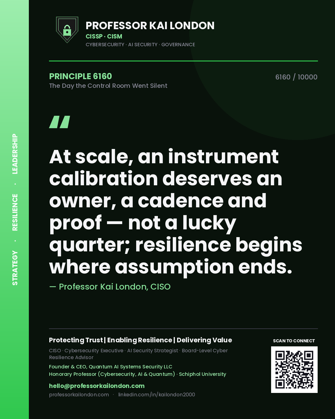 Quote card by Professor Kai London reading 'At scale, an instrument calibration deserves an owner, a cadence and proof — not a lucky quarter; resilience begins where assumption ends.'. From the book The Day the Control Room Went Silent.