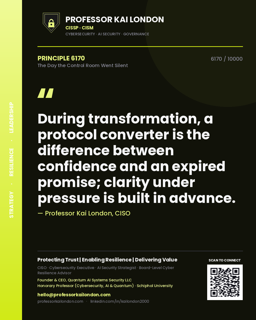 Quote card by Professor Kai London reading 'During transformation, a protocol converter is the difference between confidence and an expired promise; clarity under pressure is built in advance.'. From the book The Day the Control Room Went Silent.