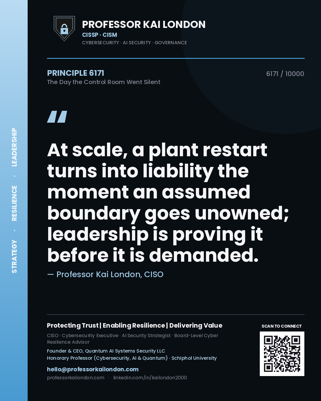 Quote card by Professor Kai London reading 'At scale, a plant restart turns into liability the moment an assumed boundary goes unowned; leadership is proving it before it is demanded.'. From the book The Day the Control Room Went Silent.