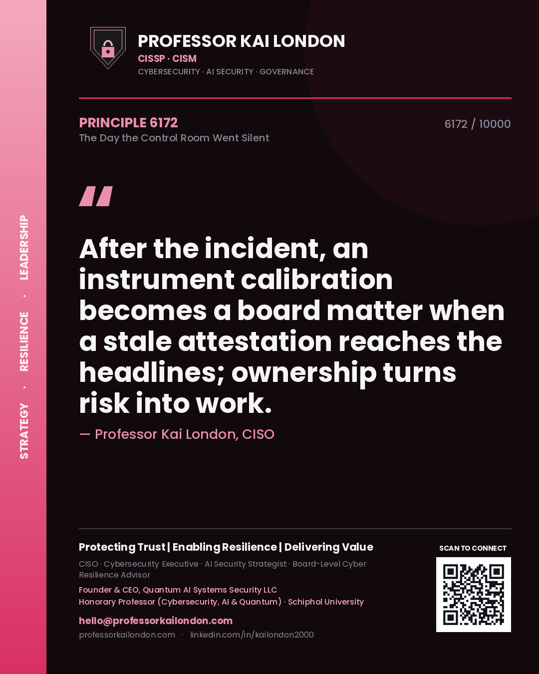 Quote card by Professor Kai London reading 'After the incident, an instrument calibration becomes a board matter when a stale attestation reaches the headlines; ownership turns risk into work.'. From the book The Day the Control Room Went Silent.