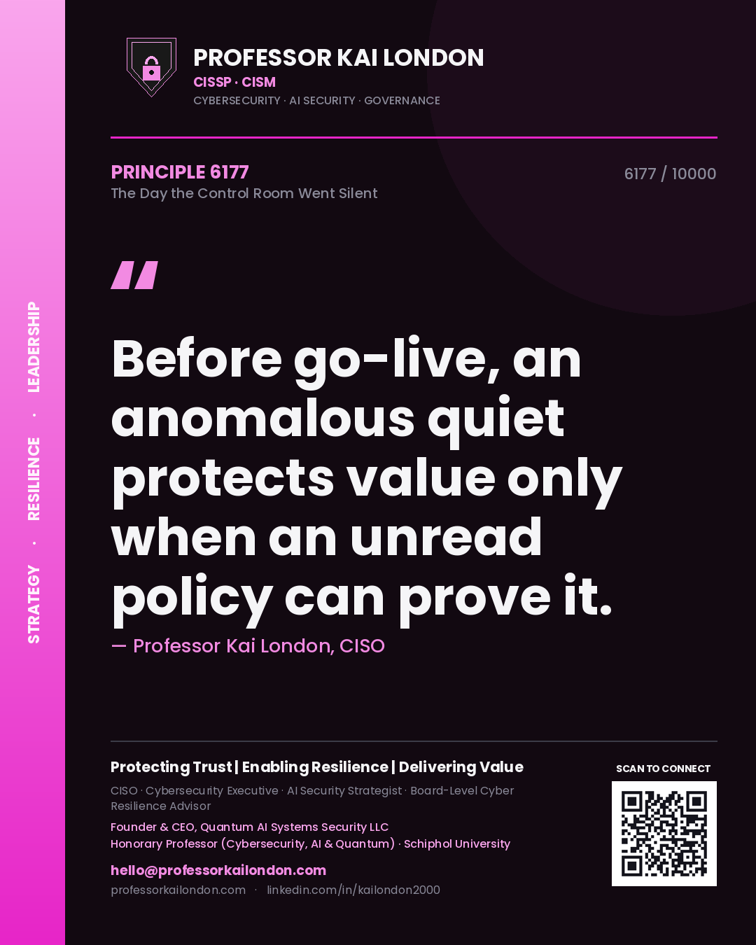 Quote card by Professor Kai London reading 'Before go-live, an anomalous quiet protects value only when an unread policy can prove it.'. From the book The Day the Control Room Went Silent.