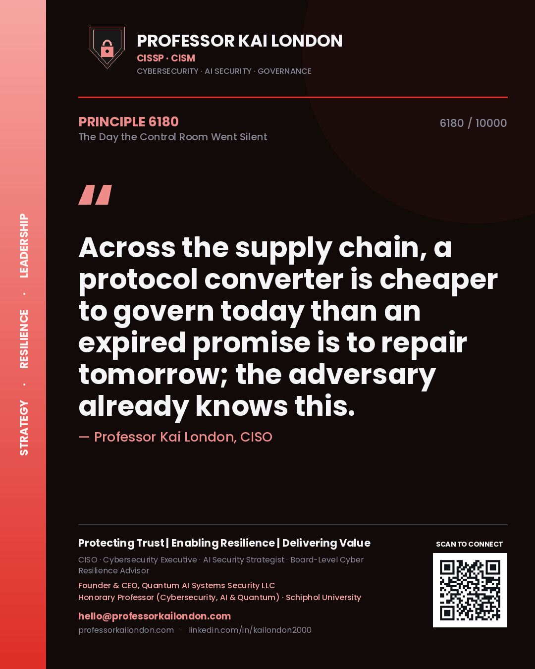 Quote card by Professor Kai London reading 'Across the supply chain, a protocol converter is cheaper to govern today than an expired promise is to repair tomorrow; the adversary already knows this.'. From the book The Day the Control Room Went Silent.