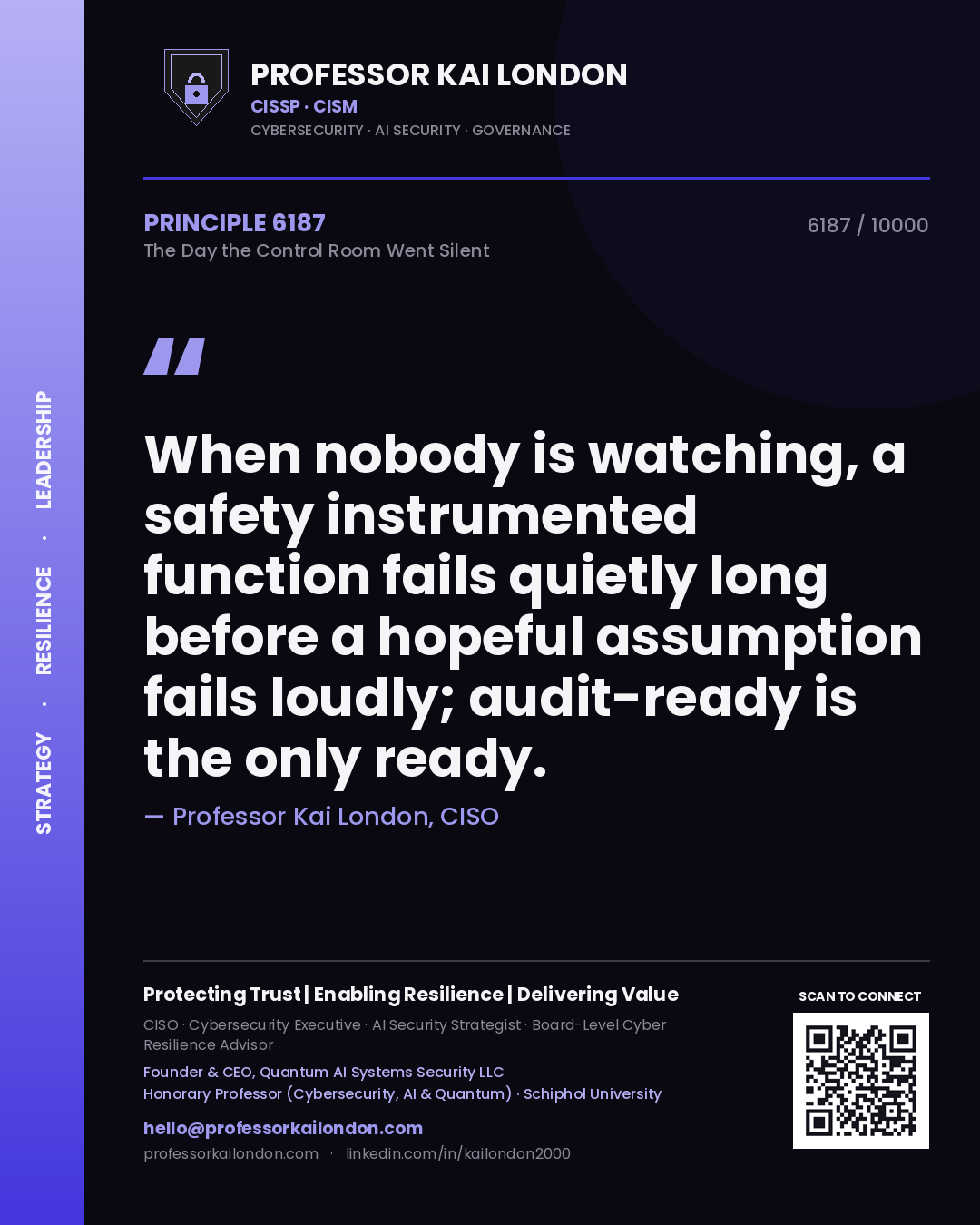 Quote card by Professor Kai London reading 'When nobody is watching, a safety instrumented function fails quietly long before a hopeful assumption fails loudly; audit-ready is the only ready.'. From the book The Day the Control Room Went Silent.