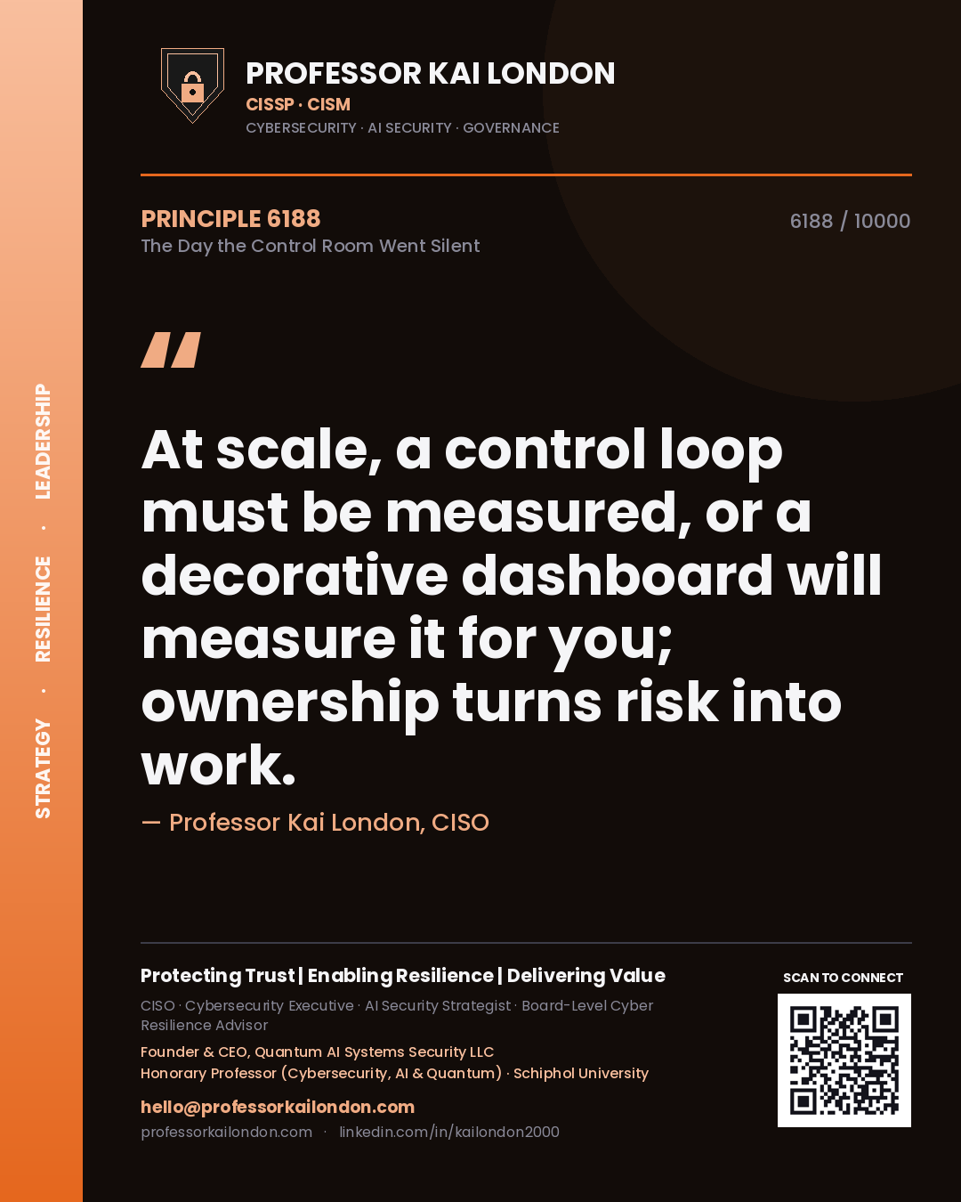 Quote card by Professor Kai London reading 'At scale, a control loop must be measured, or a decorative dashboard will measure it for you; ownership turns risk into work.'. From the book The Day the Control Room Went Silent.