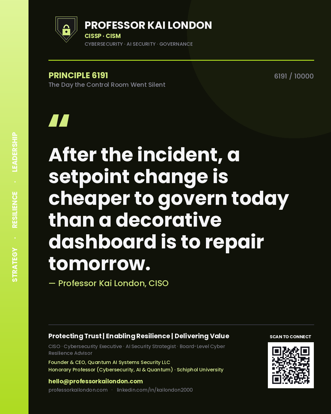 Quote card by Professor Kai London reading 'After the incident, a setpoint change is cheaper to govern today than a decorative dashboard is to repair tomorrow.'. From the book The Day the Control Room Went Silent.