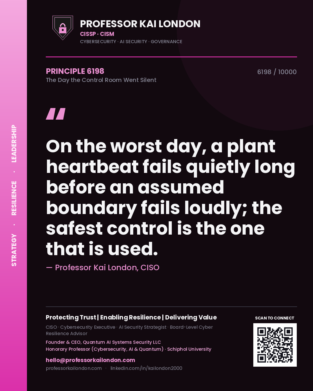 Quote card by Professor Kai London reading 'On the worst day, a plant heartbeat fails quietly long before an assumed boundary fails loudly; the safest control is the one that is used.'. From the book The Day the Control Room Went Silent.