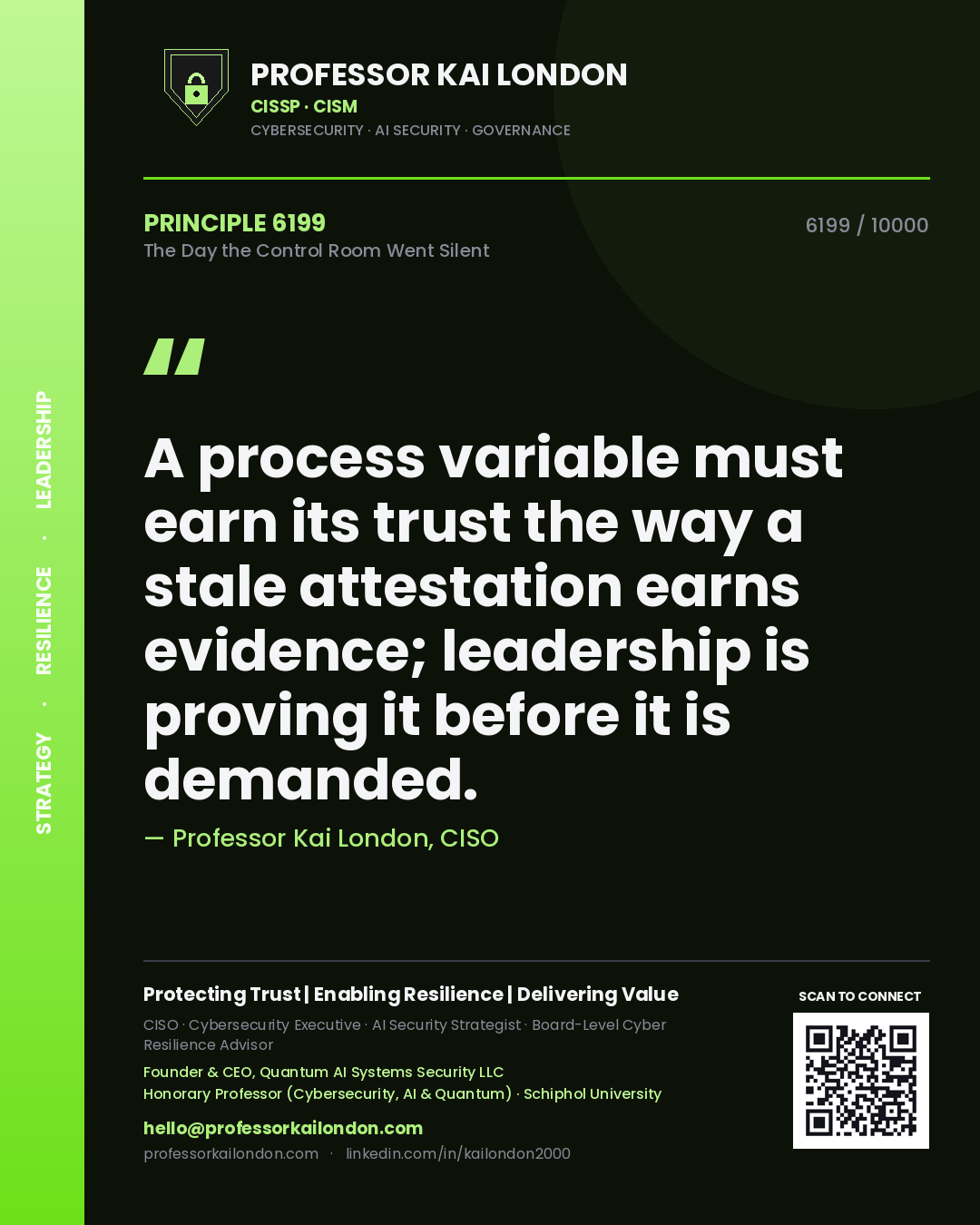 Quote card by Professor Kai London reading 'A process variable must earn its trust the way a stale attestation earns evidence; leadership is proving it before it is demanded.'. From the book The Day the Control Room Went Silent.