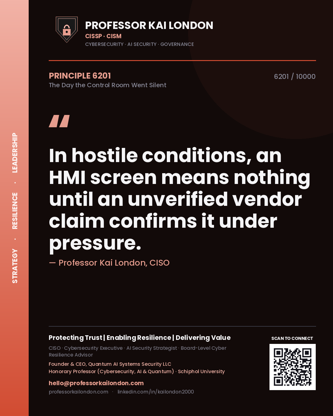 Professor Kai London principle 6201: In hostile conditions, an HMI screen means nothing until an unverified vendor claim confirms it under pressure.