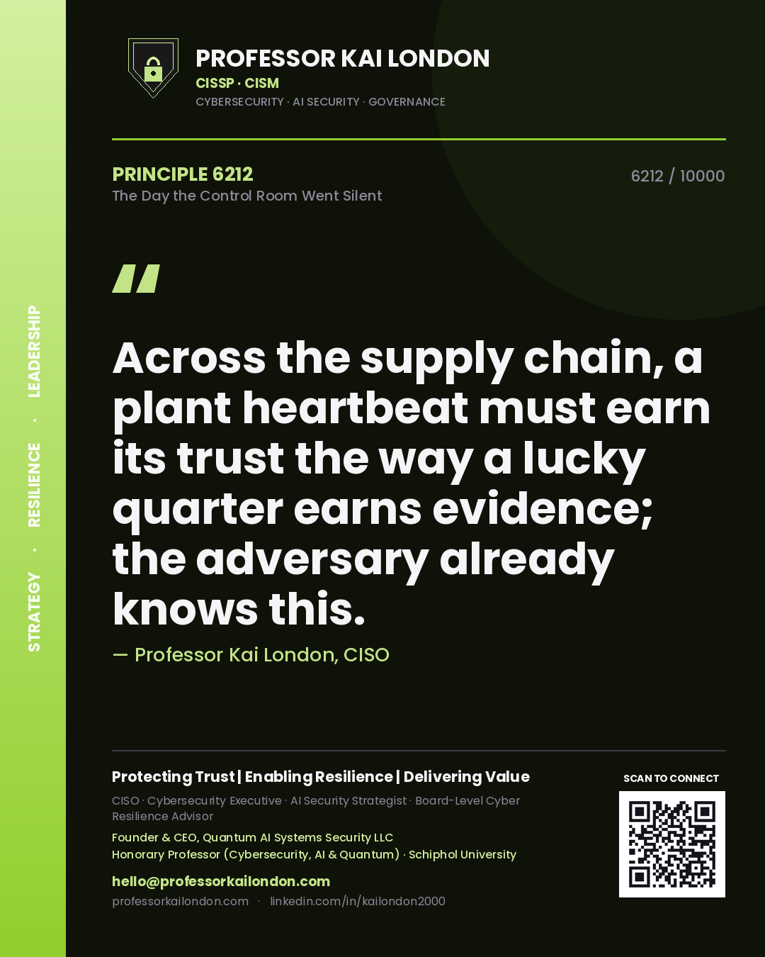 Professor Kai London principle 6212: Across the supply chain, a plant heartbeat must earn its trust the way a lucky quarter earns evidence; the adversary already knows this.