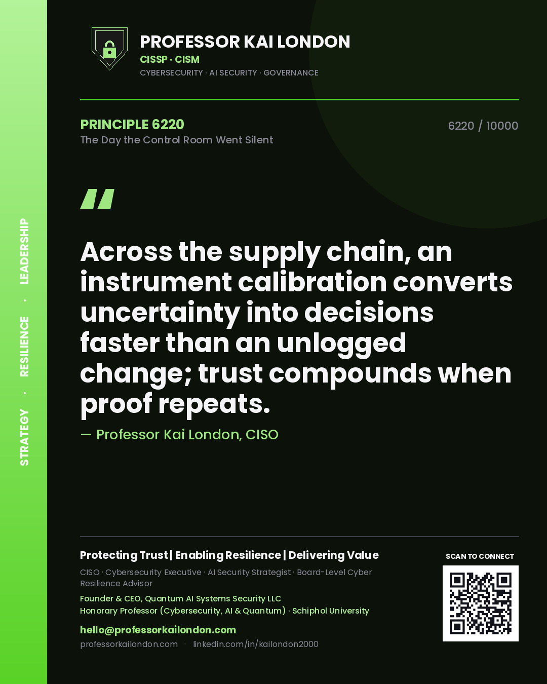 Professor Kai London principle 6220: Across the supply chain, an instrument calibration converts uncertainty into decisions faster than an unlogged change; trust compounds when proof repeats.