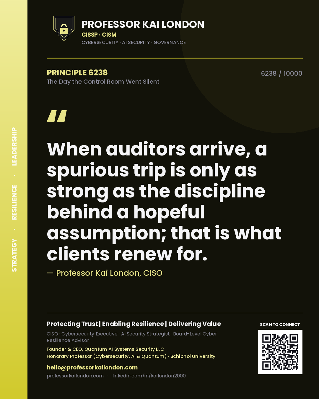 Quote card by Professor Kai London reading 'When auditors arrive, a spurious trip is only as strong as the discipline behind a hopeful assumption; that is what clients renew for.'. From the book The Day the Control Room Went Silent.