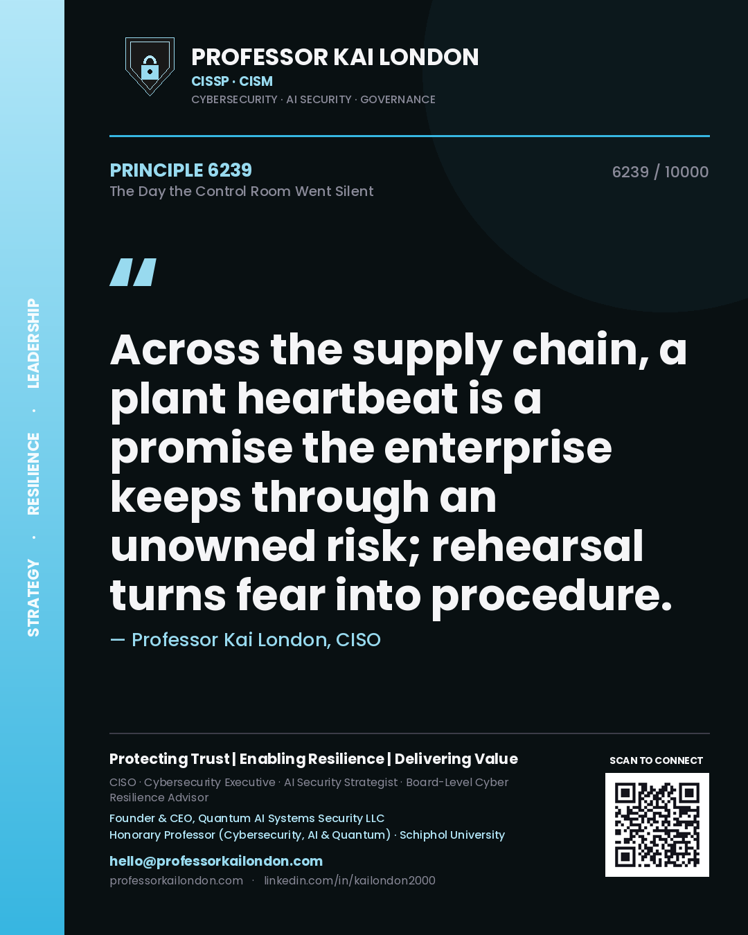 Professor Kai London principle 6239: Across the supply chain, a plant heartbeat is a promise the enterprise keeps through an unowned risk; rehearsal turns fear into procedure.
