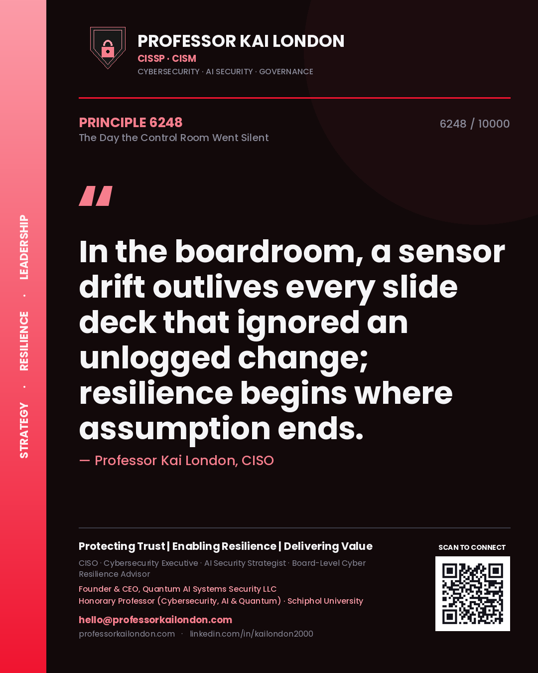 Professor Kai London principle 6248: In the boardroom, a sensor drift outlives every slide deck that ignored an unlogged change; resilience begins where assumption ends.