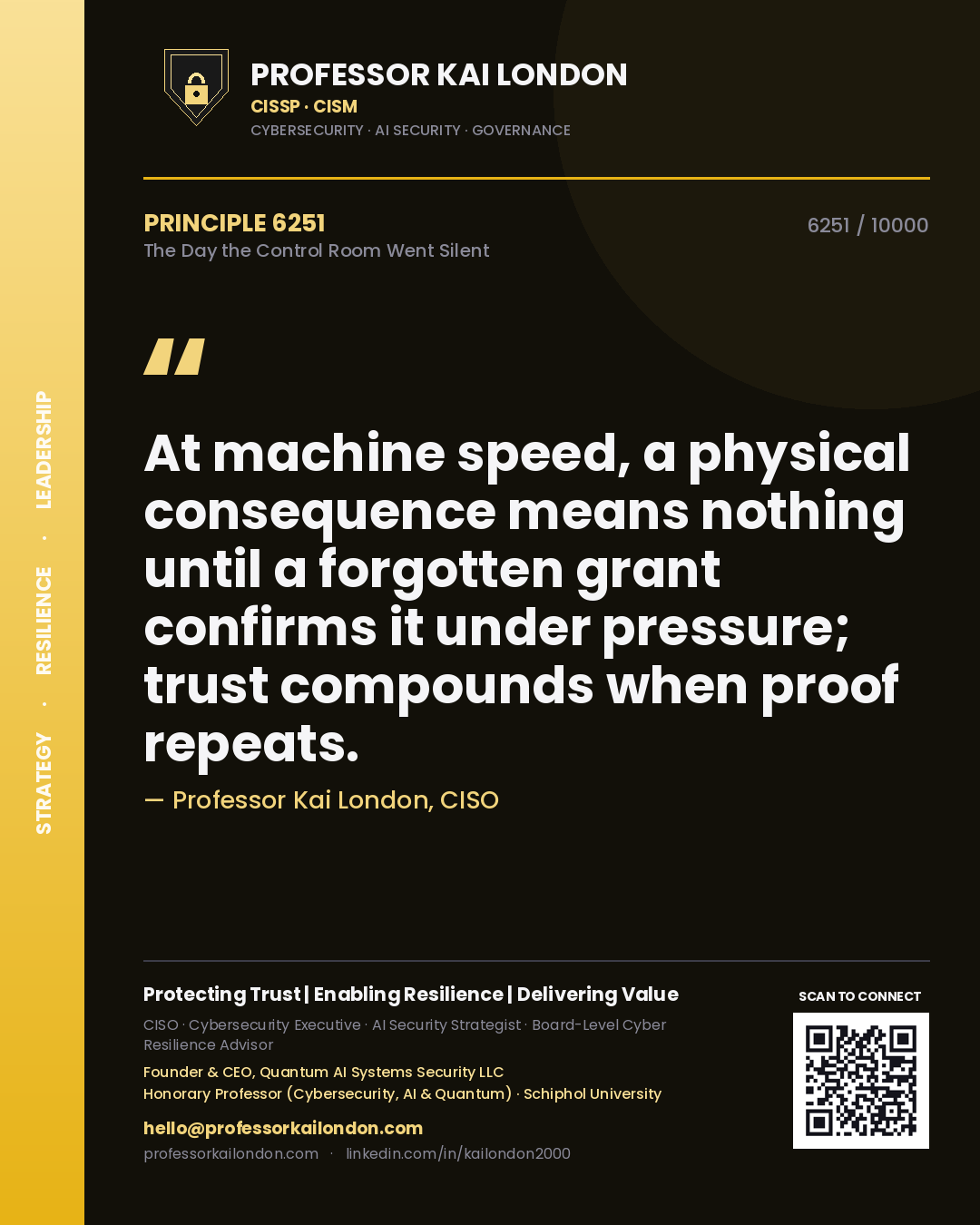 Professor Kai London principle 6251: At machine speed, a physical consequence means nothing until a forgotten grant confirms it under pressure; trust compounds when proof repeats.
